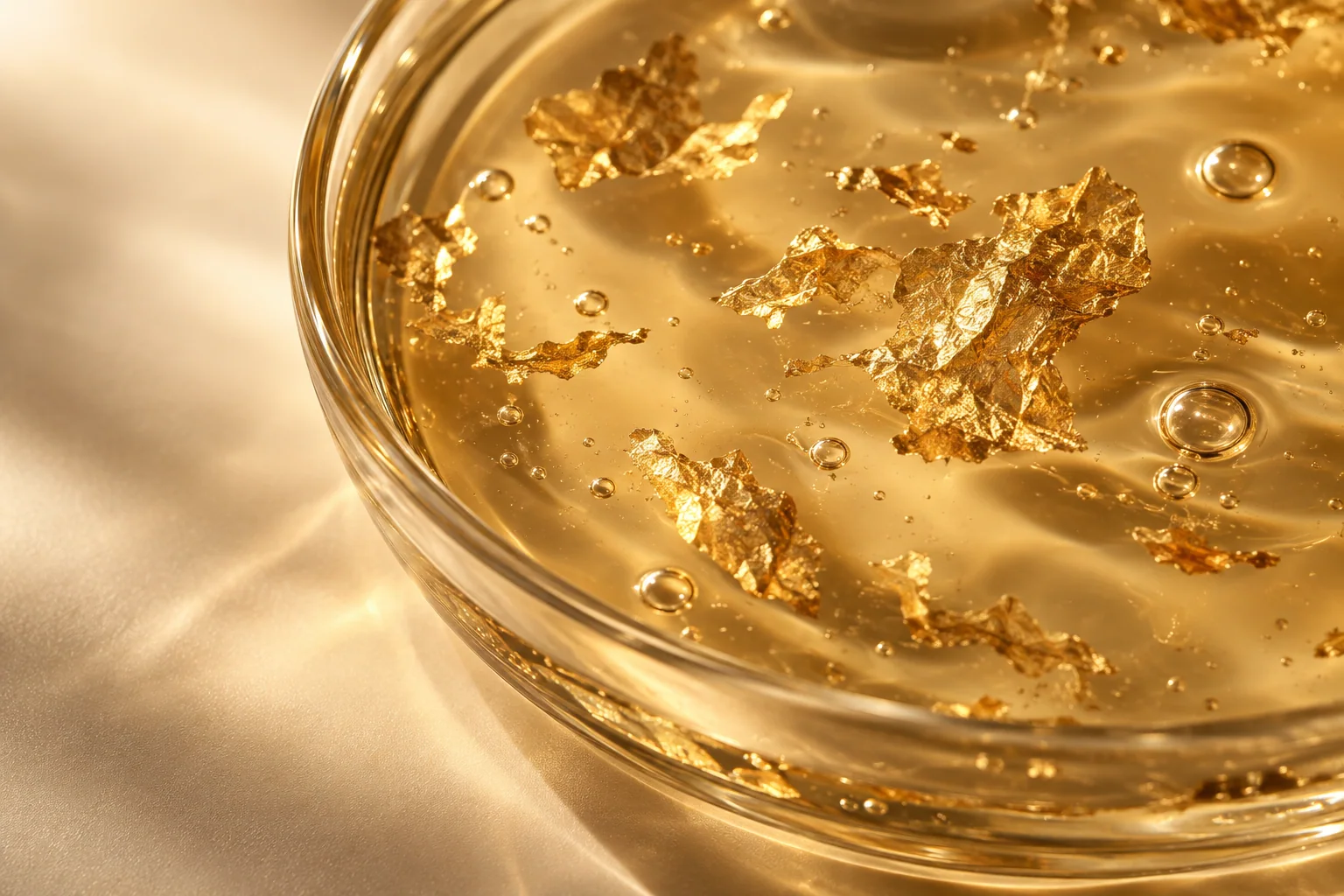 Gold leaf suspended in a clear amber cosmetic texture